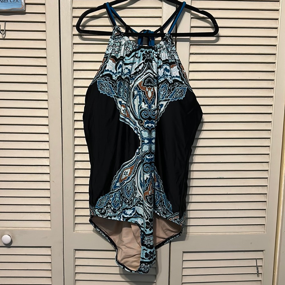 Halter neck swimsuit by cacique swim in size 22 blue and black